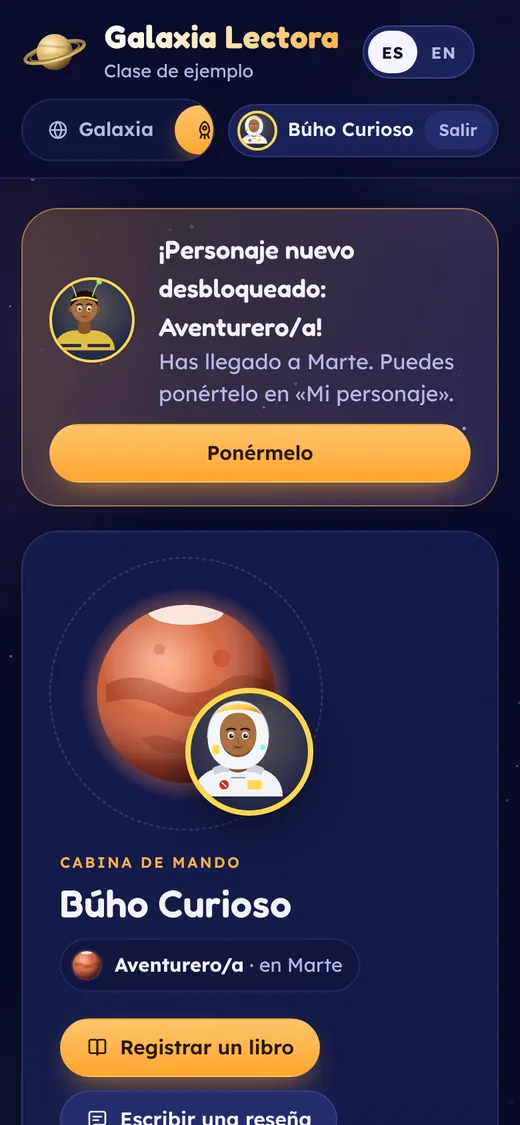 Cabina de un alumno en el móvil, con su personaje, su planeta y el botón para registrar un libro.